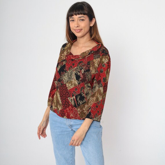 Patchwork Floral Blouse Y2K Cowl Neck Shirt Metallic Paint Flower Print Long Sleeve Top Retro Stretch Spandex Top Vintage 00s Extra Large xl