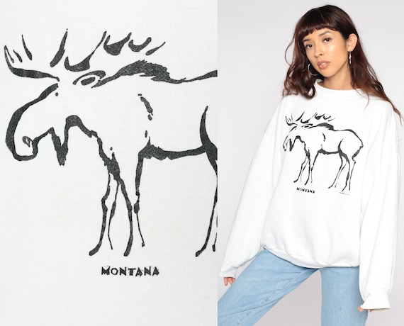 Montana Sweatshirt -- Moose Sweatshirt Animal Shirt 90s Sweatshirt Graphic Sweatshirt Vintage 80s Wildlife Shirt White 2xl xxl 2x