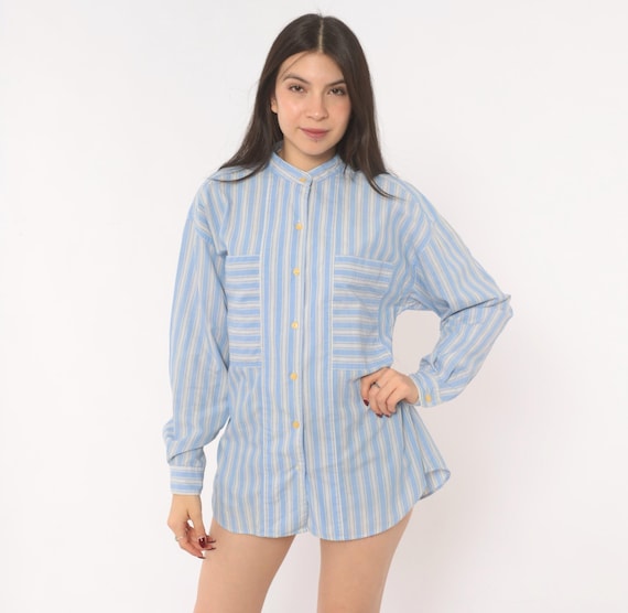 90s Gap Striped Shirt Baby Blue White Band Collar Button Front Cotton Blouse Chest Pocket Long Sleeve Relaxed Fit Ivory Top Vintage Medium M