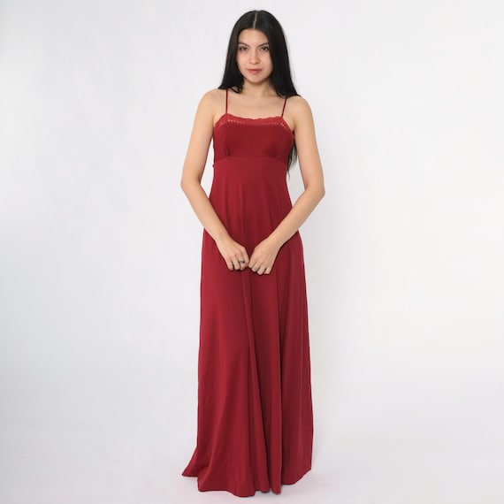 1970s Maxi Party Dress Wine Red Crochet Trim Long Empire Waist 70s Grecian Vintage Goddess Prom Spaghetti Strap Tank Extra Small xs