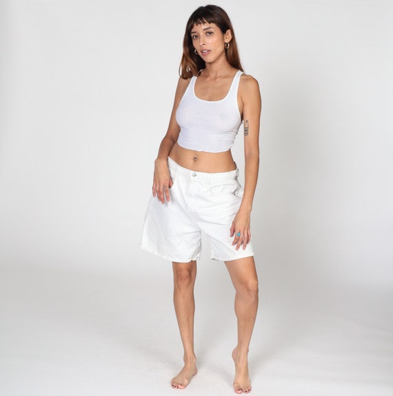 White Jean Shorts Y2K High Waisted Denim Shorts Basic High Rise Retro Minimalist Plain Summer Mid Knee Length Bermuda Vintage 00s Large L 33