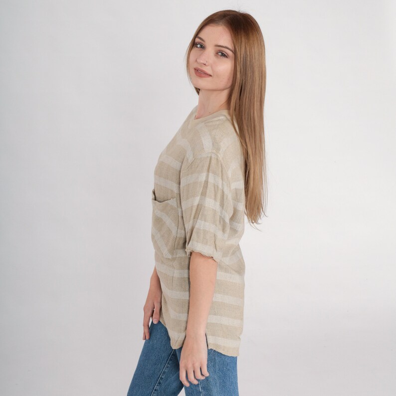 Striped Pocket Tee 90s Tan T-Shirt Basic TShirt Streetwear Crewneck Pocket Short Sleeve Top Neutral Tonal Minimal Rayon Vintage 1990s Small image 4