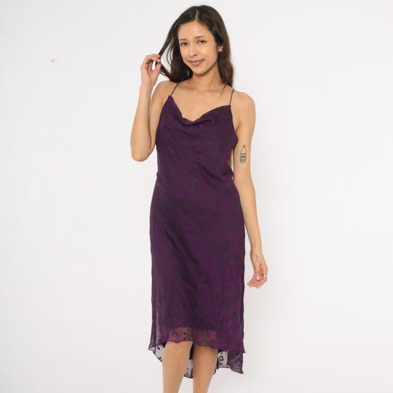 Y2K Purple Party Dress Deep Plum Slip Floral Chiffon Violet Glitter Evening Cocktail Party Grape Sheer Overlay Going Out Clubbing Small S