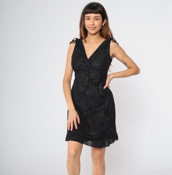Y2K Sparkly Floral Dress Party Mini Cocktail 90s Metallic Empire Waist Deep V Neck Vintage Glam Sleeveless Evening MiniDress Small