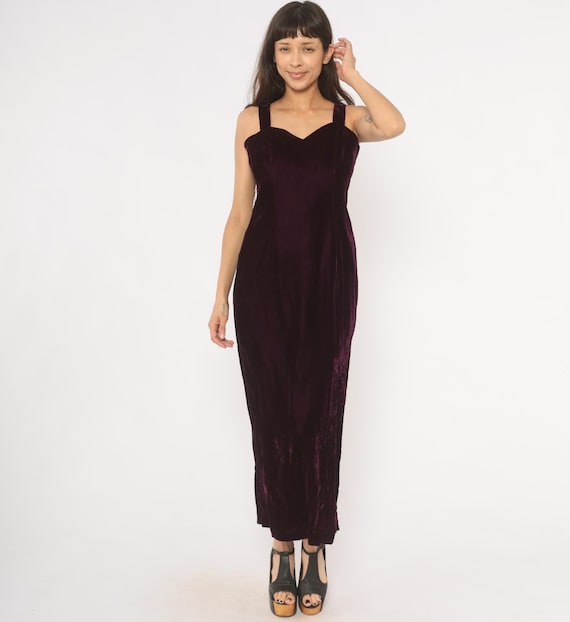 Plum Velvet Maxi Dress 70s Sweetheart Neckline Purple Gown Fitted Column Sleeveless Side Slit Wine Cocktail Evening Formal Vintage Medium M