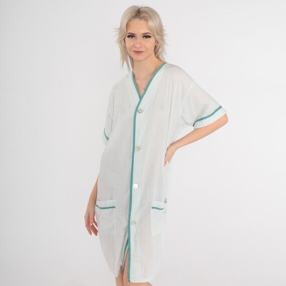 70s Pajama Dress Mini Sheer White Green Striped L… - image 3