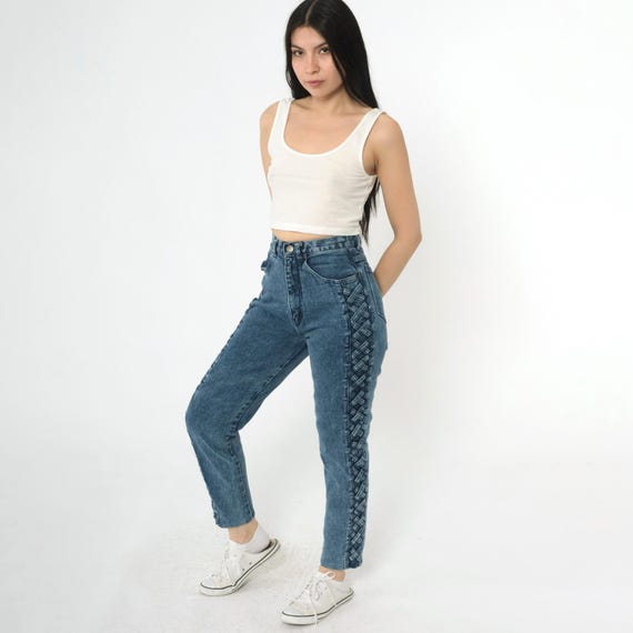 Vintage Blue Denim Jeans 90s Skinny High Waist Tapered Leg Lace Up Side Stretchy 1990s Grunge Small S 26
