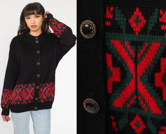 Southwestern Sweater Aztec Cardigan Boho 80s Knit Sweater Black Red 1980s Vintage Southwest Hippie Bohemian Button Up Slouch Oversize Large