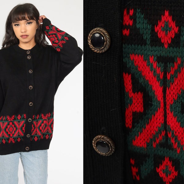 Southwestern Sweater Aztec Cardigan Boho 80s Knit Sweater Black Red 1980s Vintage Southwest Hippie Bohemian Button Up Slouch Oversize Large