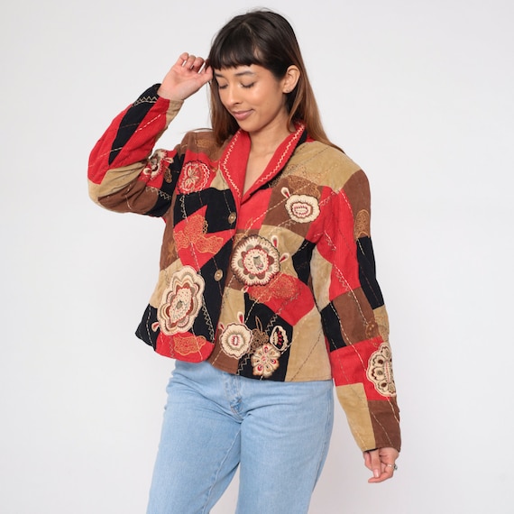 Patchwork Floral Blazer 90s Corduroy Button up Jacket Red Brown Black Embroidered Flower Print Boho Hippie Coat Retro Vintage 1990s Large L