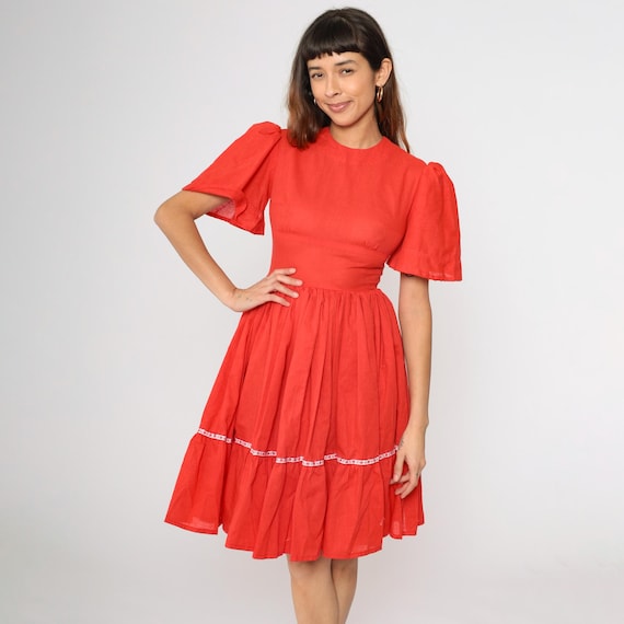 Vintage Cottagecore Dress 70s Red Prairie Babydoll Square Dance Dress Country Flutter Sleeve Midi Ruffled Tiered Western Dress Small 4