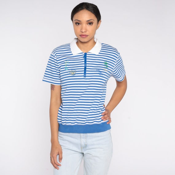 Striped Beach Shirt 90s Blue White Polo Shirt Embroidered Palm Tree Fish Shell Seahorse Top Collared Short Sleeve Retro Vintage 1990s Small
