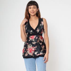 Y2K Satin Floral Tank Top Black Deep V Neck Vintage Empire Waist Japanese Style Party Blouse Night Out Sleeveless Shirt 00s Retro Medium