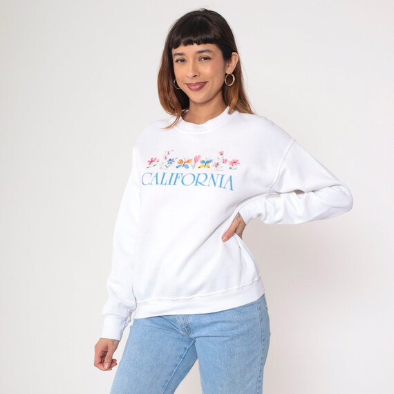 Vintage 90s California Sweatshirt Floral Butterfly Graphic Crewneck Retro White Destination Sweatshirt Travel Tourist 1990s Small S