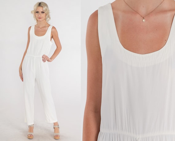 White Jumpsuit 80s Pantsuit Sleeveless High Waisted Scoop Neck Retro Romper Pants Basic Simple Minimal Summer Plain Chic Vintage 1980s Small