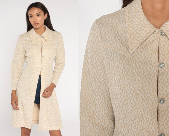 70s Mod Jacket Rhinestone Button Beige 60s Boho Hippie Jacket Bohemian Long Abstract Print Polyester Coat Vintage 1970s Medium