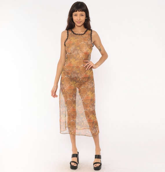 90s Grunge Fairy Sheer Floral Mesh Dress Lace Trim Sleeveless Midi Rose Tank Slip Orange Tan Brown  Amber Terra Cotta Vintage Extra Small XS