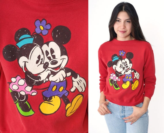 90s Walt Disney Sweatshirt -- Mickey Mouse Minnie Sweater Disneyland Shirt Kawaii Red Cartoon Pullover Crewneck 1990s Vintage Extra Small xs