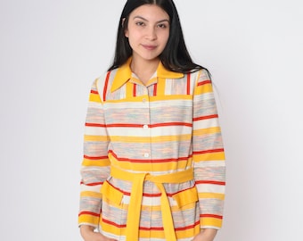 70s Striped Shirt Yellow Red Belted Space Dye Blouse Long Long Sleeve Boho Top Button Up Shacket 1970s Collared Horizontal Stripe Small