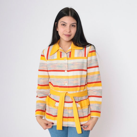 70s Striped Shirt Yellow Red Belted Space Dye Blouse Long Long Sleeve Boho Top Button Up Shacket 1970s Collared Horizontal Stripe Small