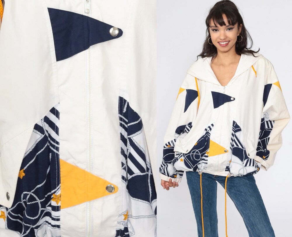 Snorider Design Hooded Nautical Jacket 90S Windbreaker Baroque Jacket Hoodie Yacht Jacket Vintage Off-White Retro Zip Up 1990S Extra Large Xl L