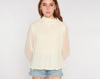 Cream Chiffon Shirt Sheer Sleeve Blouse 90s Party Top Vintage Mock Neck Blouse Going Out Shirt Draped 1990s Long Sleeve Medium