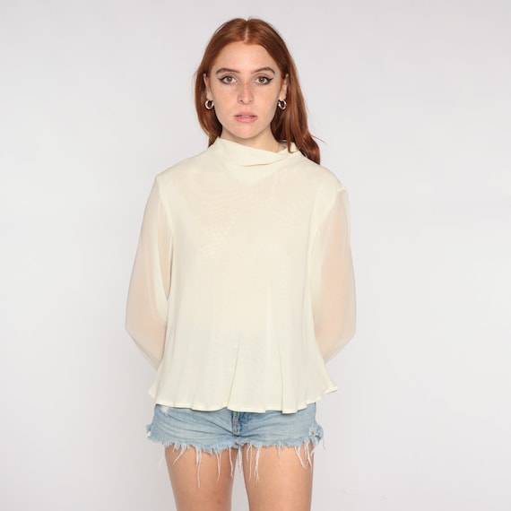 Cream Chiffon Shirt Sheer Sleeve Blouse 90s Party Top Vintage Mock Neck Blouse Going Out Shirt Draped 1990s Long Sleeve Medium