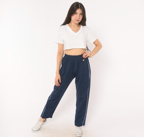 Navy Nike Track Pants 2000s White Piping Straight Leg Athletic Joggers Dark Blue Vintage Trousers Extra Small XS