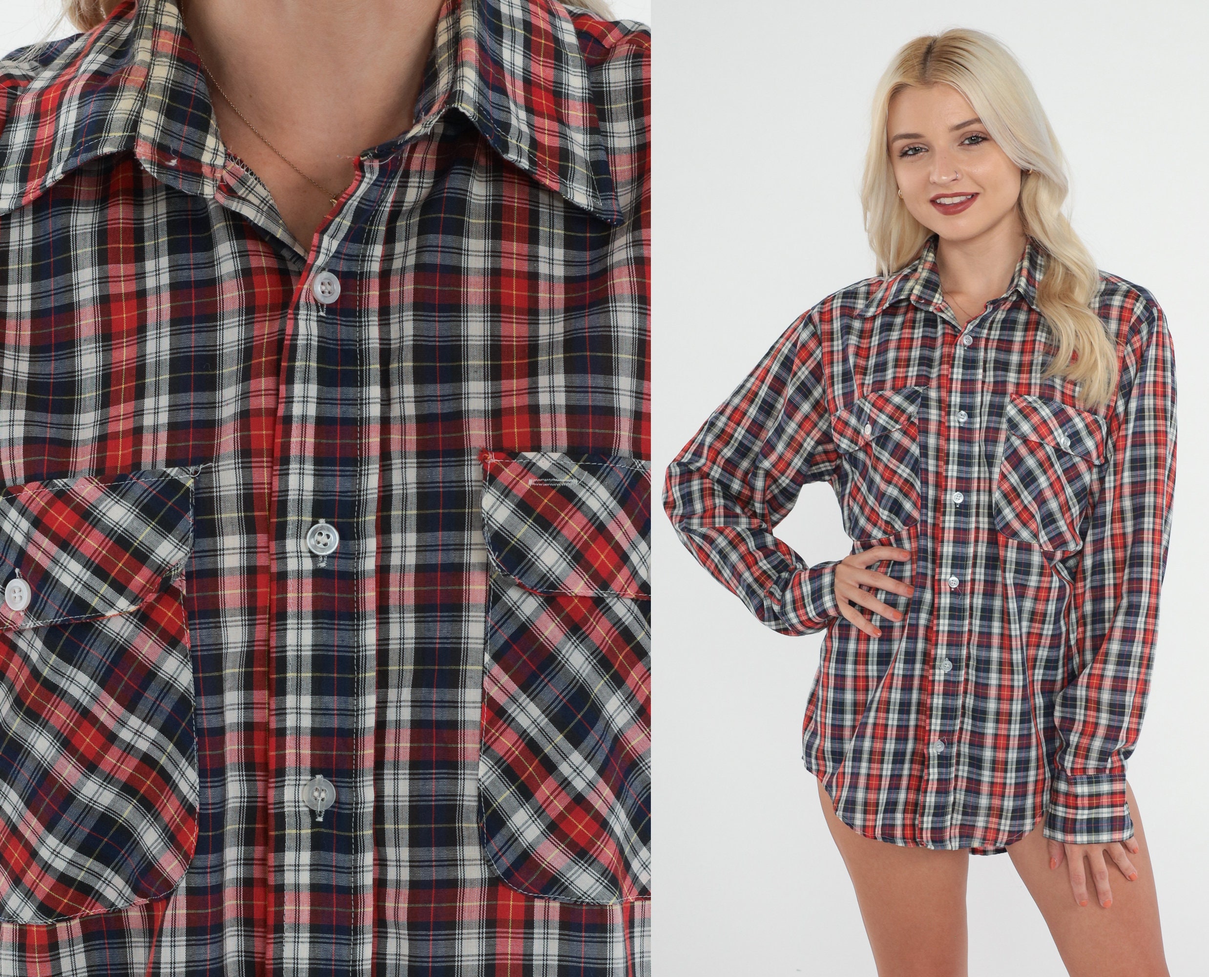 80s Plaid Shirt Flannel Button up Shirt Retro Red White Blue - Etsy