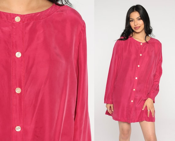 Pink Silk Blouse Y2k Button Up Shirt Retro Boho Plain Simple Long Sleeve Blouse Girly Basic Button Down Minimalist Vintage 00s Large L 14
