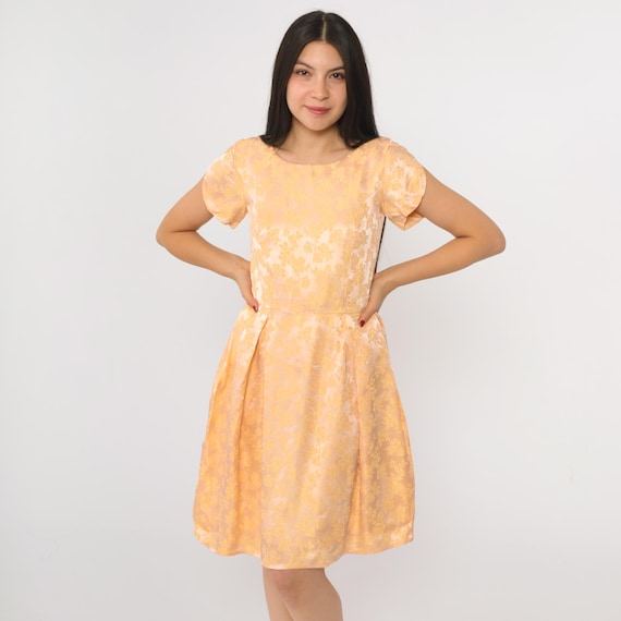 Vintage Jacquard Party Dress 60s Peach Yellow Floral Fit Flare Mini Dress 1960s Short Tulip Sleeve Satin Brocade Style Extra Small xs