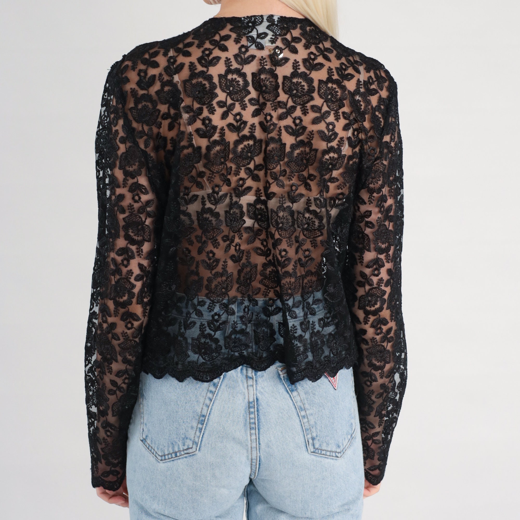 Black Lace Jacket 90s Sheer Beaded Lace Jacket Boho Hippie Etsy Canada
