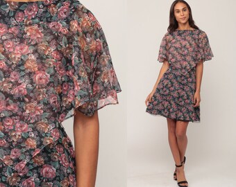 70s Boho Dress Mini FLUTTER SLEEVE Floral Print Capelet Dress 1970s Vintage Cape Dress High Waist Bohemian Minidress Hippie Small