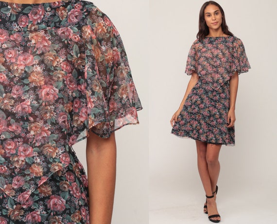 70s Boho Dress Mini FLUTTER SLEEVE Floral Print Capelet Dress 1970s Vintage Cape Dress High Waist Bohemian Minidress Hippie Small