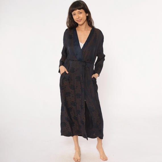 Dark Blue Silk Robe Oscar De La Renta Duster 80s Floral Jacquard Kimono Long Sleeve Tie Belt Vintage Loungewear Housecoat Small Medium S M