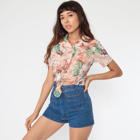 70s Boho Shirt Psychedelic Floral Blouse Acid Floral Top Dagger Collar Hippie 1970s Vintage Bohemian Button Up Short Sleeve Brown Small s