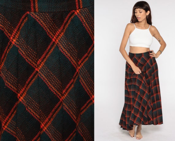 Plaid Skirt 70s Tartan Skirt Midi Kilt School Girl Red Green High Waist 1970s Checkered Retro Fritzi Vintage Acrylic Large