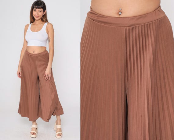 Pleated Palazzo Pants Wide Bell Bottoms Y2K Bohemian Brown Hippie Trousers High Waisted Boho Festival Summer Vintage Small Medium