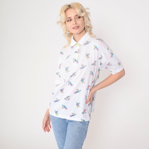 Women's Golf Shirt 90s Polo Shirt Retro Preppy Short Sleeve Collared Shirt Golfer Golfing Graphic Tee White Top Vintage 1990s Medium Large