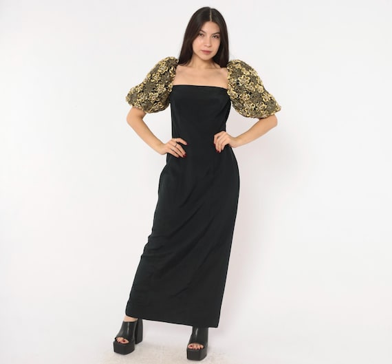 80s Eve of Milady Gold Puff Sleeve Gown Black Maxi Dress Square Neckline Floral Beaded Back Bow Tie Formal Evening Party Medium M
