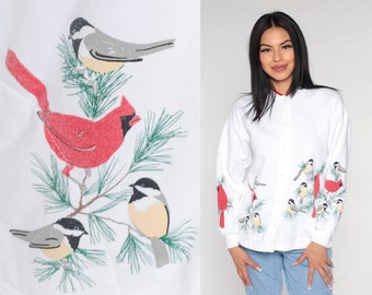 Bird Sweatshirt Cardigan Y2k Cardinal Sparrow Button Up Sweatshirt Animal Tree Print Grey Sweater Retro Grandma White Vintage 00s Medium M