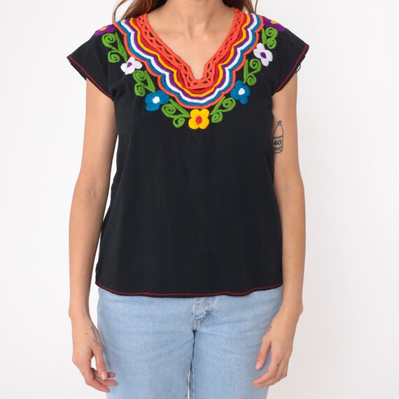 Mexican Floral Blouse 90s Black Embroidered Top P… - image 5