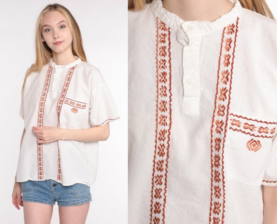 Hippie Shirt Embroidered Top 70s Aztec Guatemalan Blouse White Tunic Shirt Tribal Bohemian Vintage Boho Ethnic Vintage Medium Large