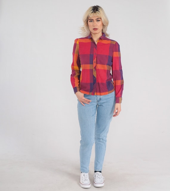 Vintage Checkered Blouse 80s 90s Button Up Shirt Puff Sleeve Top Plaid Check Print Blouse Red Yellow Purple Cotton 1990s Extra Small xs