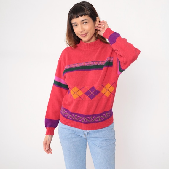 80s Argyle Sweater Coral Pink Purple Mock Turtleneck High Neck Wool Vintage United Colors Striped Pattern Preppy Academia Pullover Small S