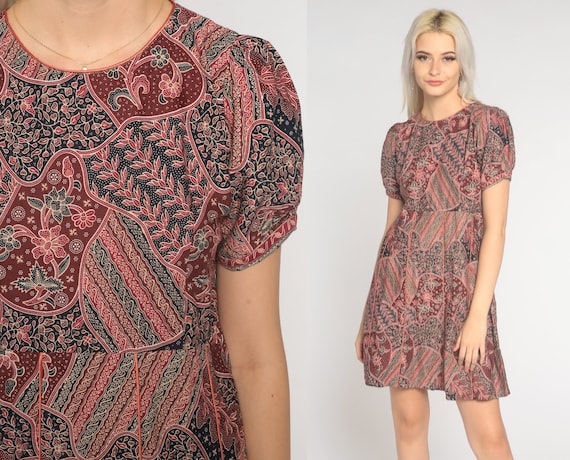 Batik Floral Dress 90s Puff Sleeve Mini Dress Boho Grunge High Waist Babydoll Hippie Sun Day Dress Vintage 1990s Cotton Red Medium M