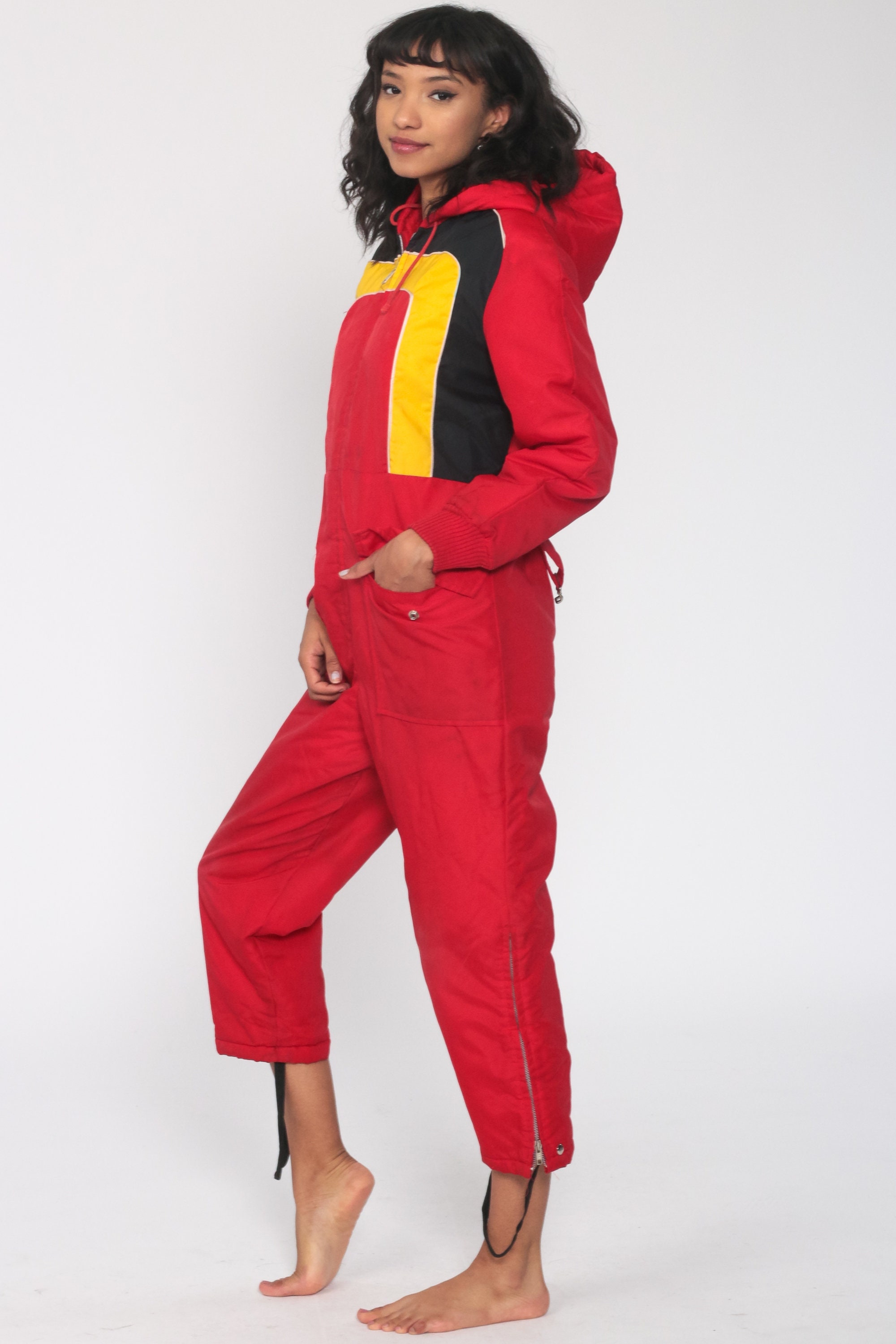 70s Ski Suit ONE PIECE Snowsuit Puffy Red Hooded Snowsuit Retro Snow 