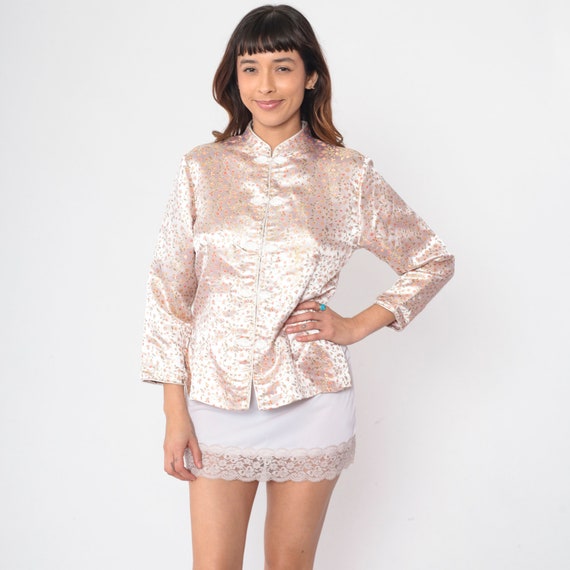 Asian Inspired Top 90s Baby Pink Blouse Floral Embroidered Shirt Frog Button up Mandarin Collar Long Sleeve Boho Shiny Vintage 1990s Large L