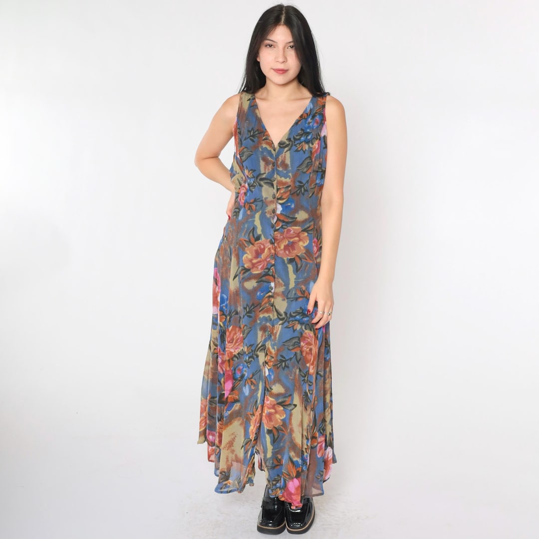 90's Navy Blue Floral Print Sleeveless Dress by Street Flower main image 0