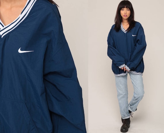 Nike Jacket 90s Windbreaker Jacket PULLOVER Jacket Warm Up Nylon Shell Jacket V Neck Blue Athletic Sports Jogging Vintage Extra Large xl 2xl